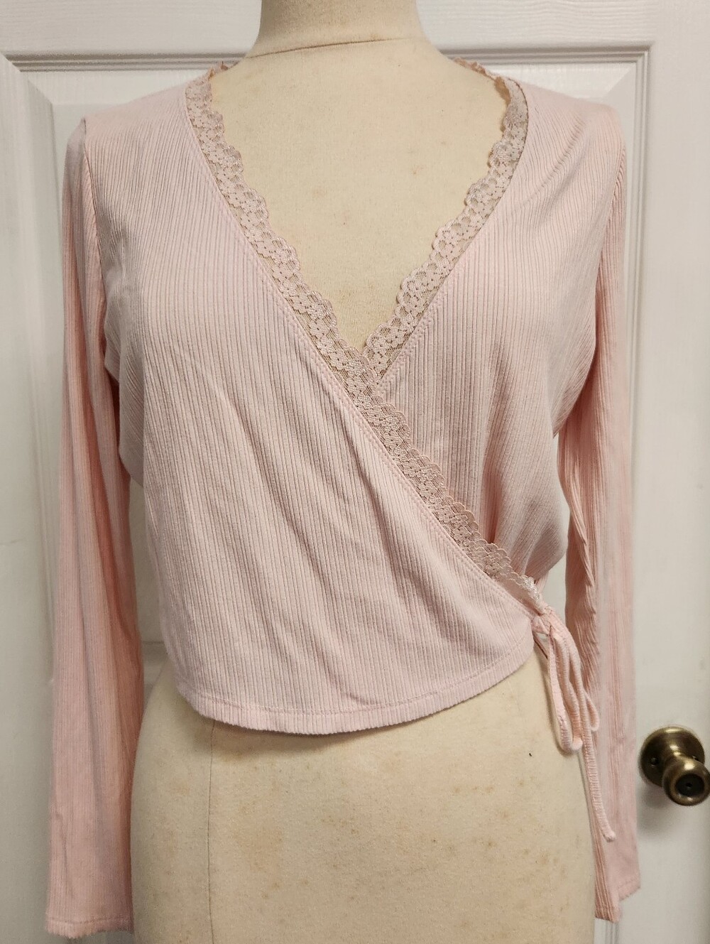Light Pink Lace-Trim Ribbed Wrap Top